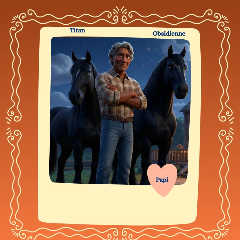 Grandpa with his horses Titan and Obsidienne under a starry sky