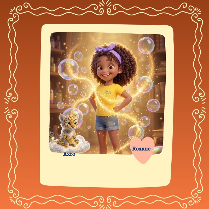 Roxane and Axro the mist leopard, surrounded by golden bubbles